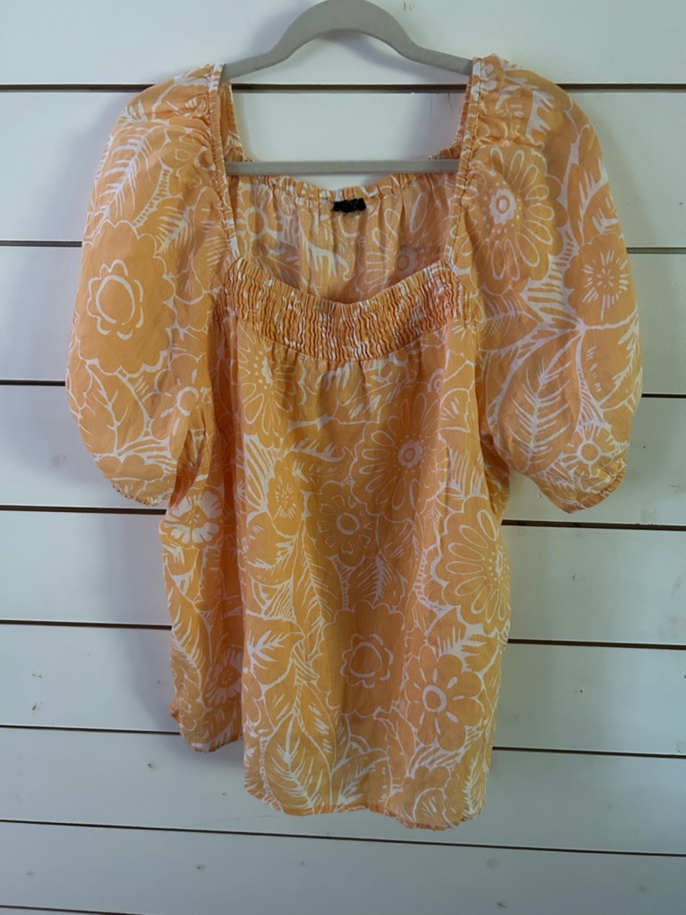 Talbots Peach Floral Smocked Square-Neck Puff Sleeve Blouse
